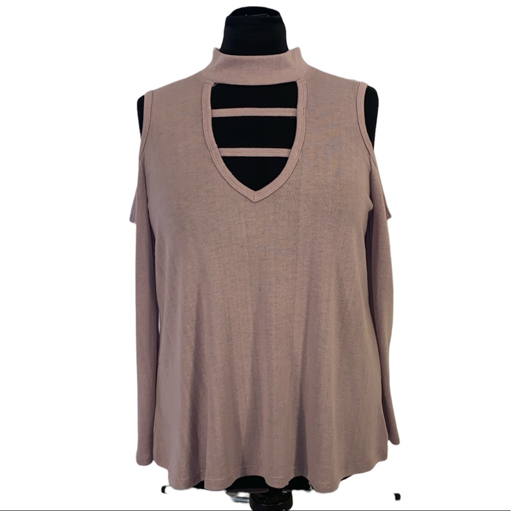 Cold-Shoulder Mock Neck Blouse in Mauve